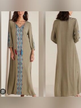 SOFT Surroundings Sicily Gauze Maxi Dress Embroidered Long Sleeve Muu Muu Green